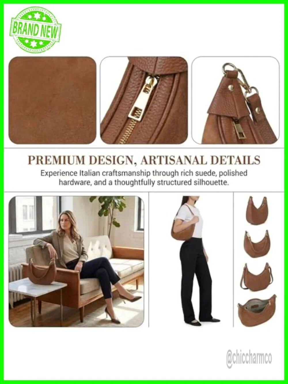 Genuine Leather Crescent Hobo Bag with 2 Straps Convertible Crossbody Purse